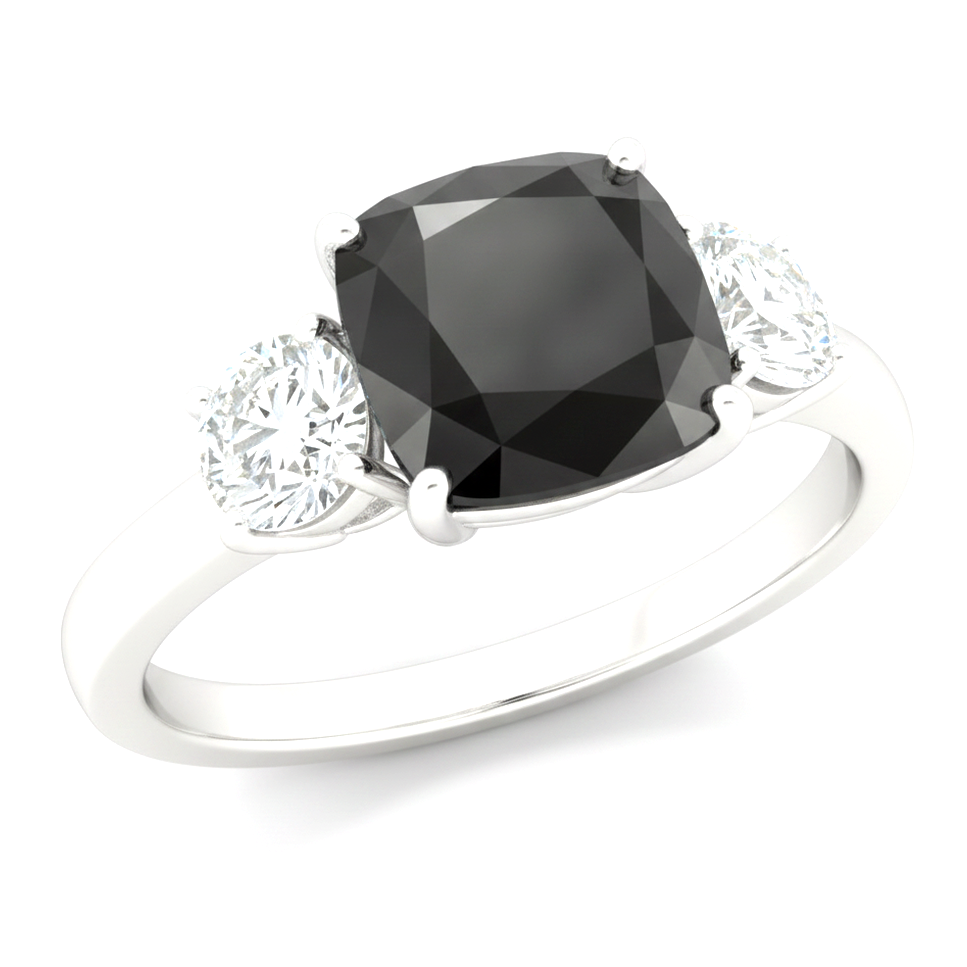 Cushion Black and White Diamond Three Stone Ring Natural 14K White Gold