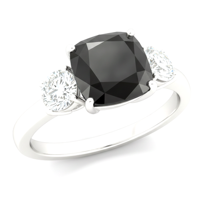 Cushion Black and White Diamond Three Stone Ring Natural 14K White Gold