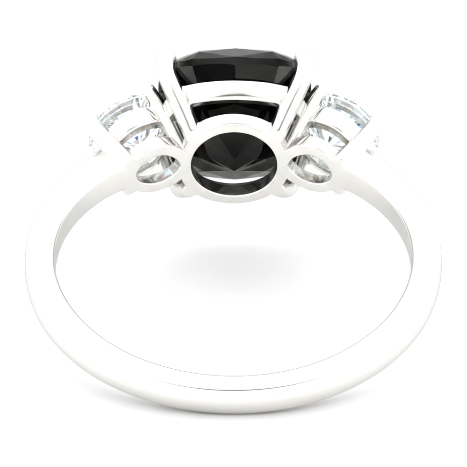 Cushion Black and White Diamond Three Stone Ring Natural 14K White Gold
