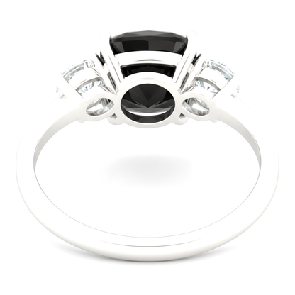 Cushion Black and White Diamond Three Stone Ring Natural 14K White Gold