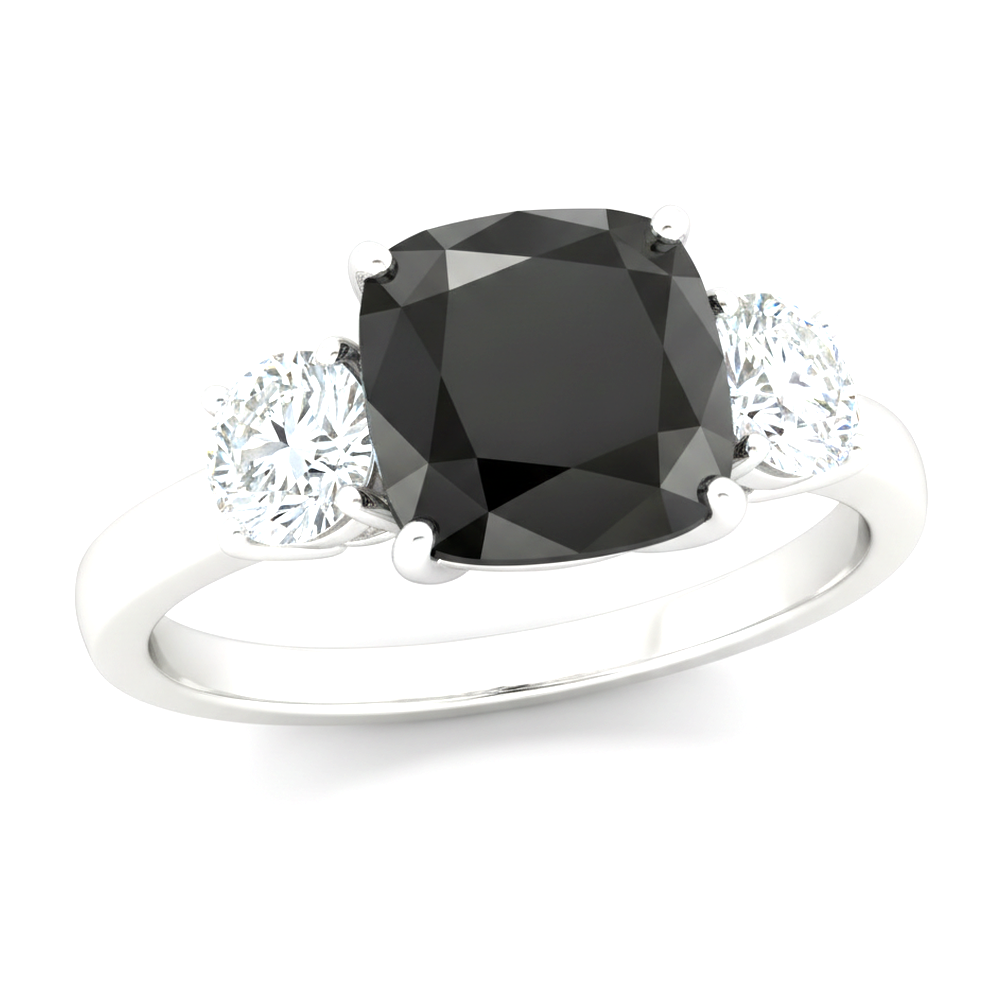 Cushion Black and White Diamond Three Stone Ring Natural 14K White Gold