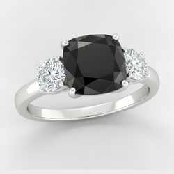 Cushion Black and White Diamond Three Stone Ring Natural 14K White Gold