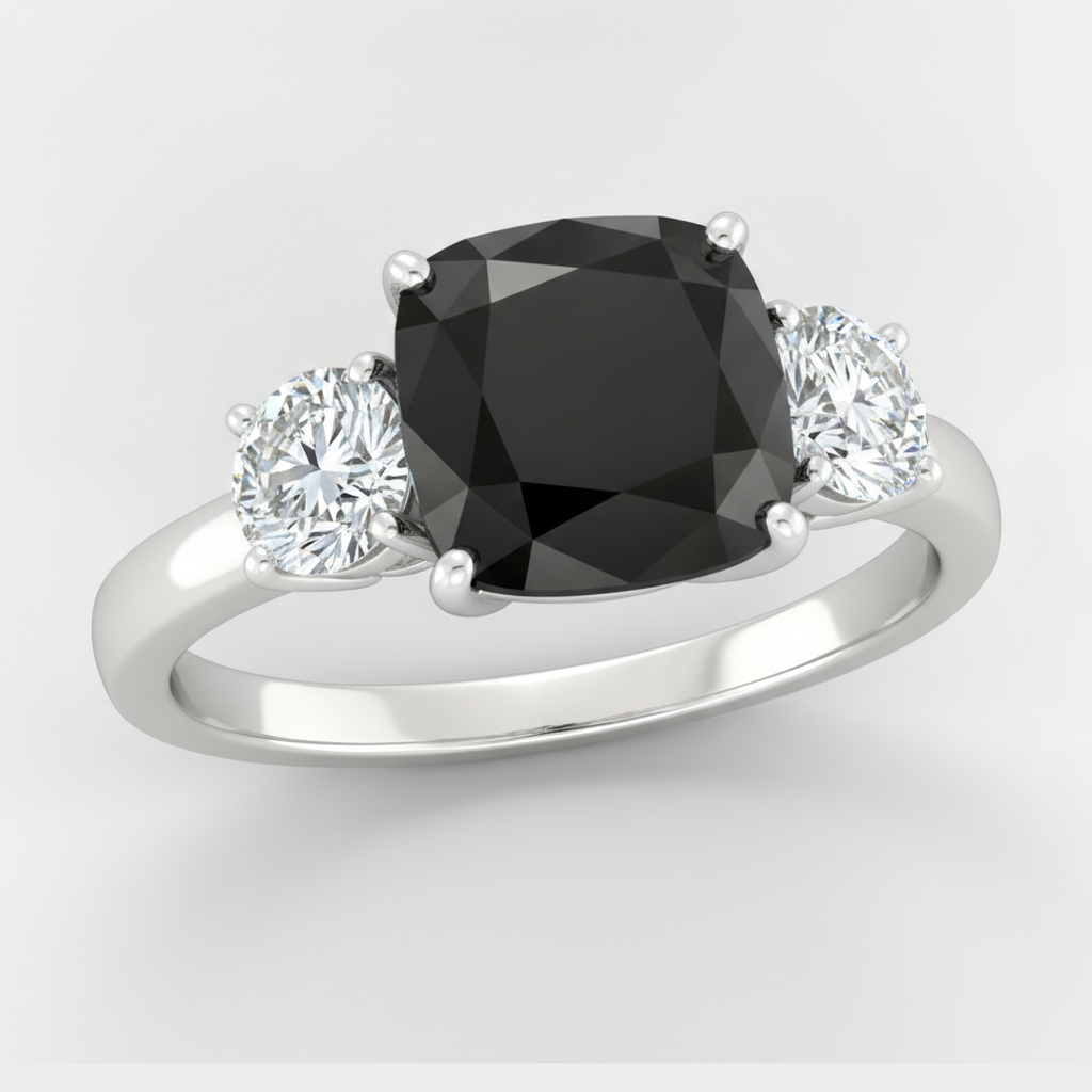 Cushion Black and White Diamond Three Stone Ring Natural 14K White Gold