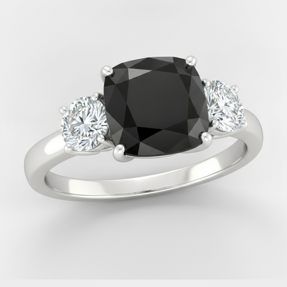 Cushion Black and White Diamond Three Stone Ring Natural 14K White Gold