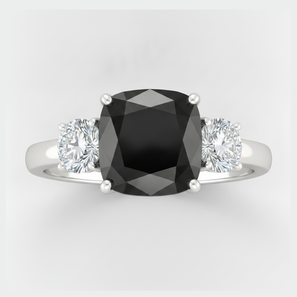 Cushion Black and White Diamond Three Stone Ring Natural 14K White Gold