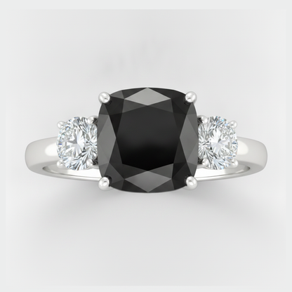Cushion Black and White Diamond Three Stone Ring Natural 14K White Gold