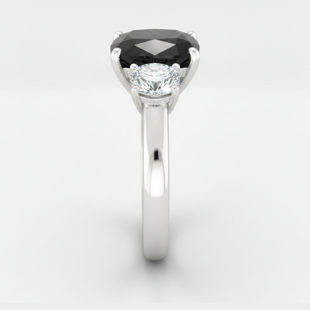 Cushion Black and White Diamond Three Stone Ring Natural 14K White Gold