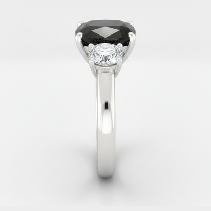 Cushion Black and White Diamond Three Stone Ring Natural 14K White Gold