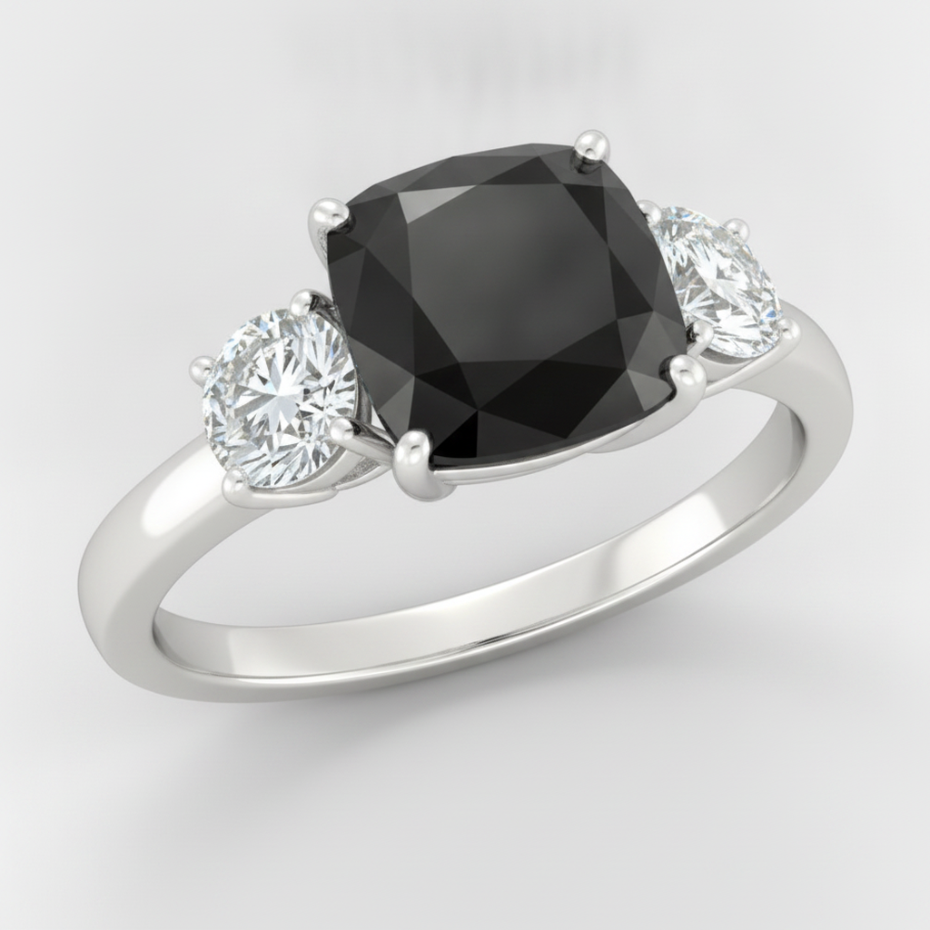 Cushion Black and White Diamond Three Stone Ring Natural 14K White Gold