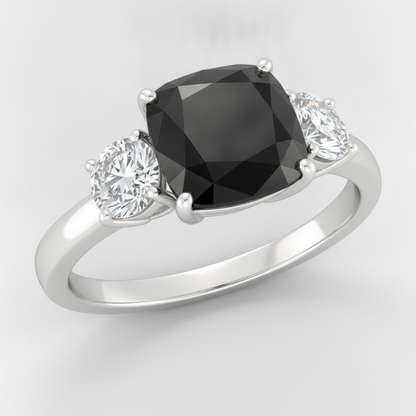 Cushion Black and White Diamond Three Stone Ring Natural 14K White Gold