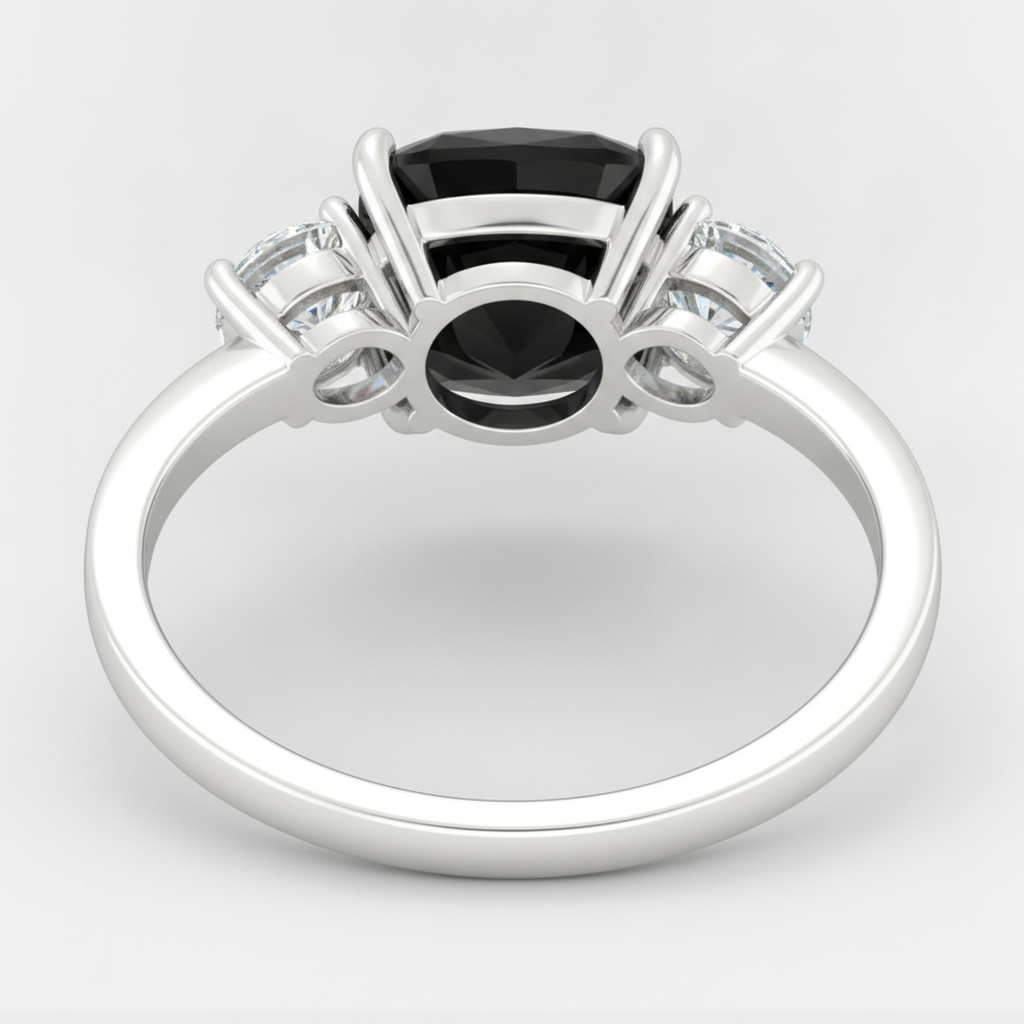 Cushion Black and White Diamond Three Stone Ring Natural 14K White Gold