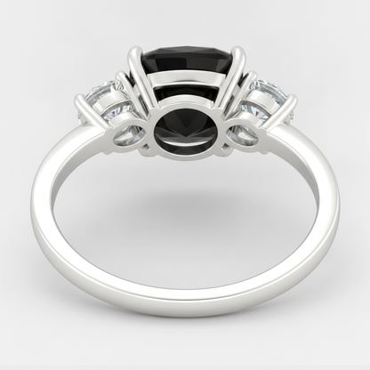 Cushion Black and White Diamond Three Stone Ring Natural 14K White Gold