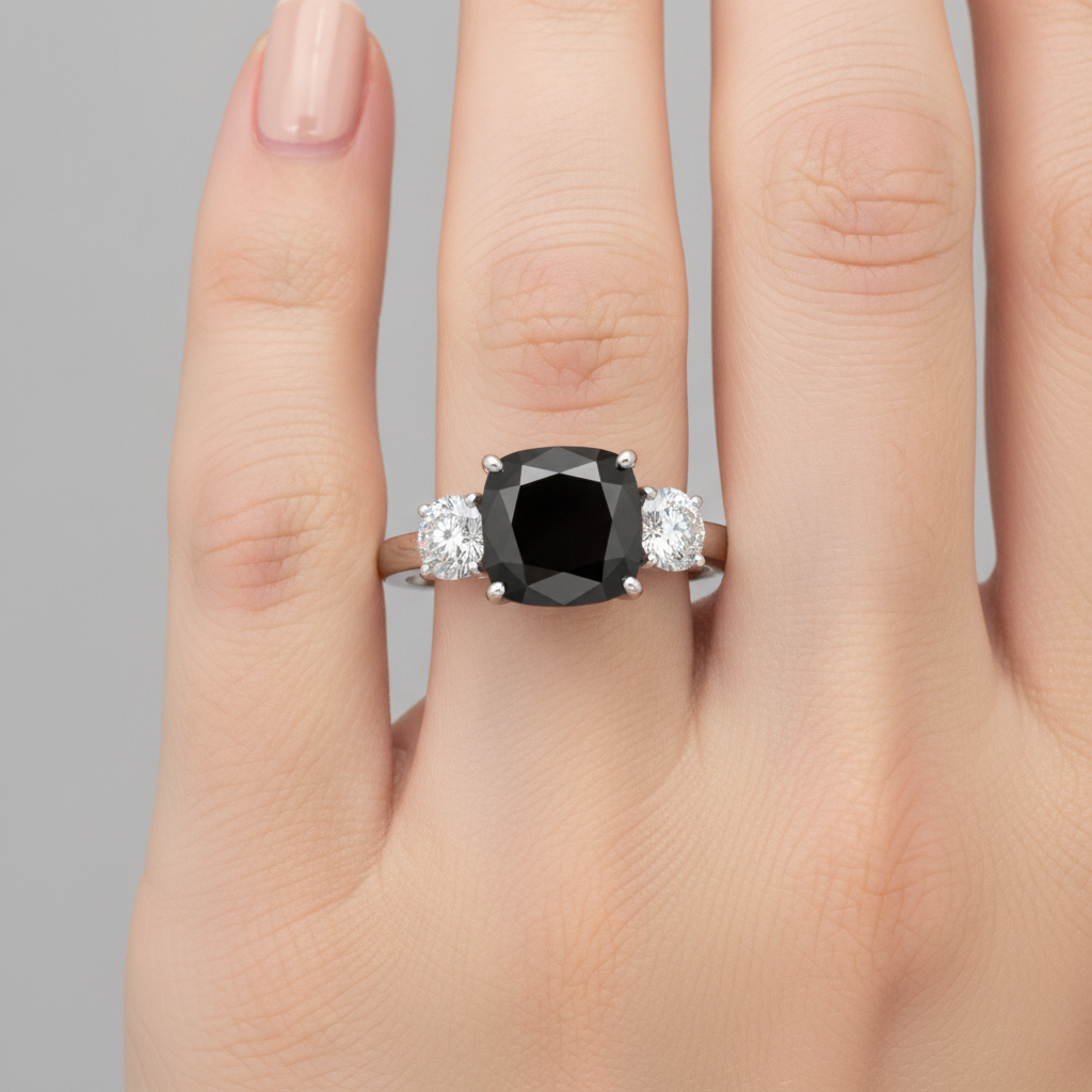 Cushion Black and White Diamond Three Stone Ring Natural 14K White Gold
