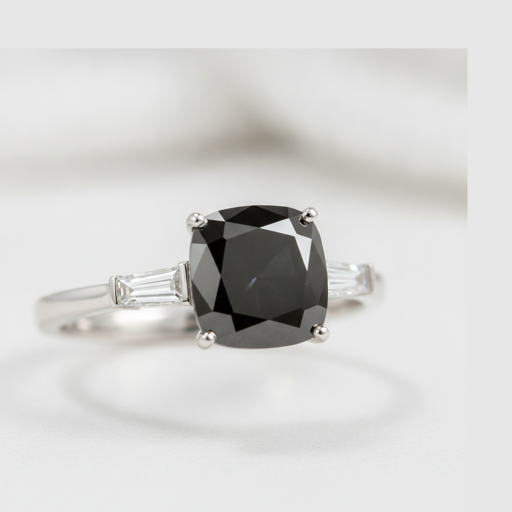 Cushion Black Diamond and White Baguette Three Stone Ring Natural 14K White Gold