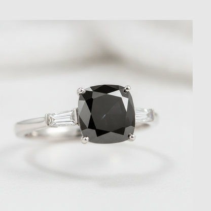 Cushion Black Diamond and White Baguette Three Stone Ring Natural 14K White Gold
