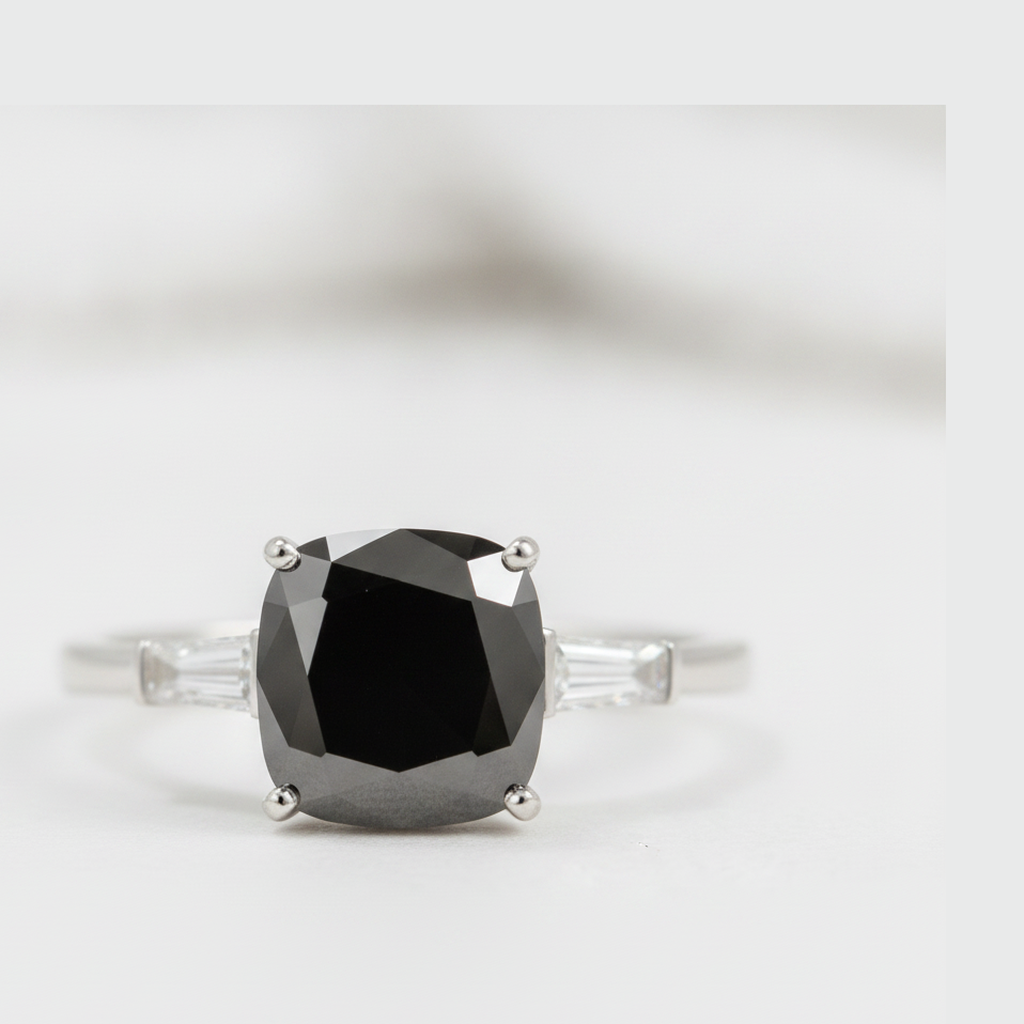 Cushion Black Diamond and White Baguette Three Stone Ring Natural 14K White Gold