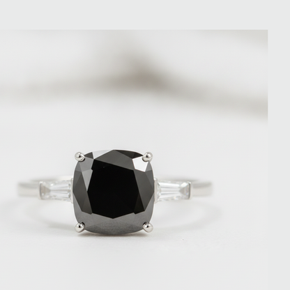 Cushion Black Diamond and White Baguette Three Stone Ring Natural 14K White Gold