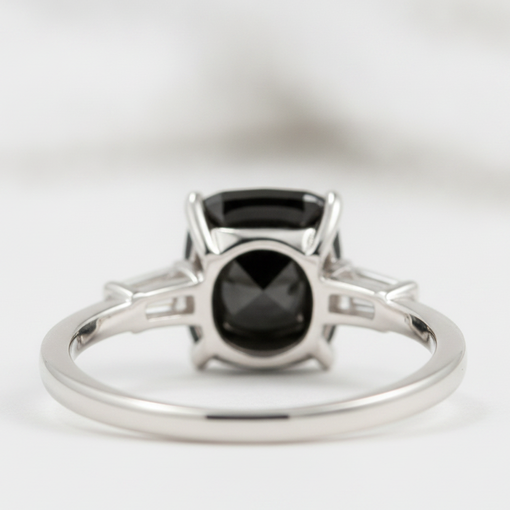 Cushion Black Diamond and White Baguette Three Stone Ring Natural 14K White Gold