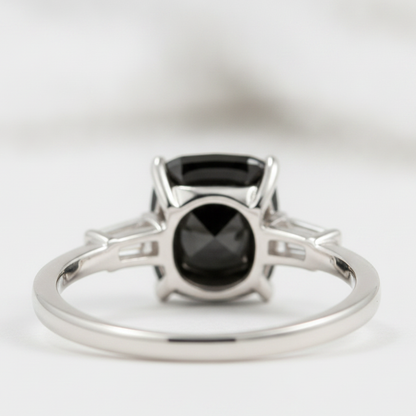 Cushion Black Diamond and White Baguette Three Stone Ring Natural 14K White Gold
