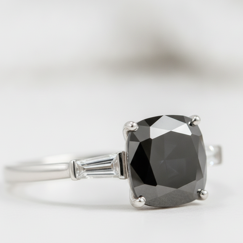 Cushion Black Diamond and White Baguette Three Stone Ring Natural 14K White Gold