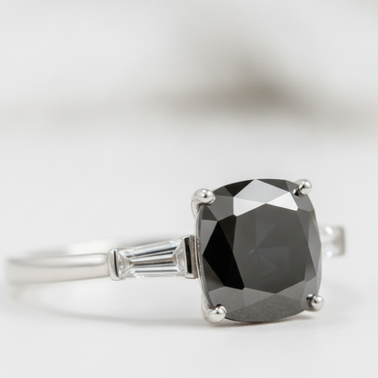 Cushion Black Diamond and White Baguette Three Stone Ring Natural 14K White Gold