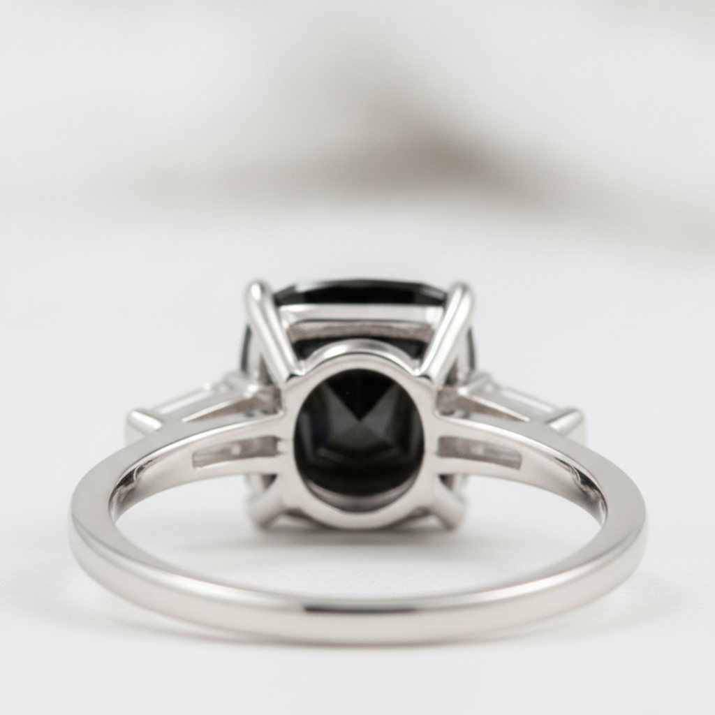 Cushion Black Diamond and White Baguette Three Stone Ring Natural 14K White Gold