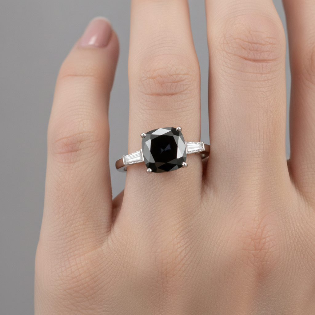 Cushion Black Diamond and White Baguette Three Stone Ring Natural 14K White Gold