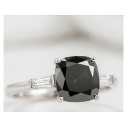Dark Diamond Engagement Ring 5 Carat Real Cushion Black Baguette Three Stone 14K White Gold