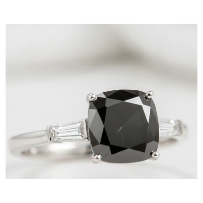 Cushion Black Diamond and White Baguette Three Stone Ring Natural 14K White Gold