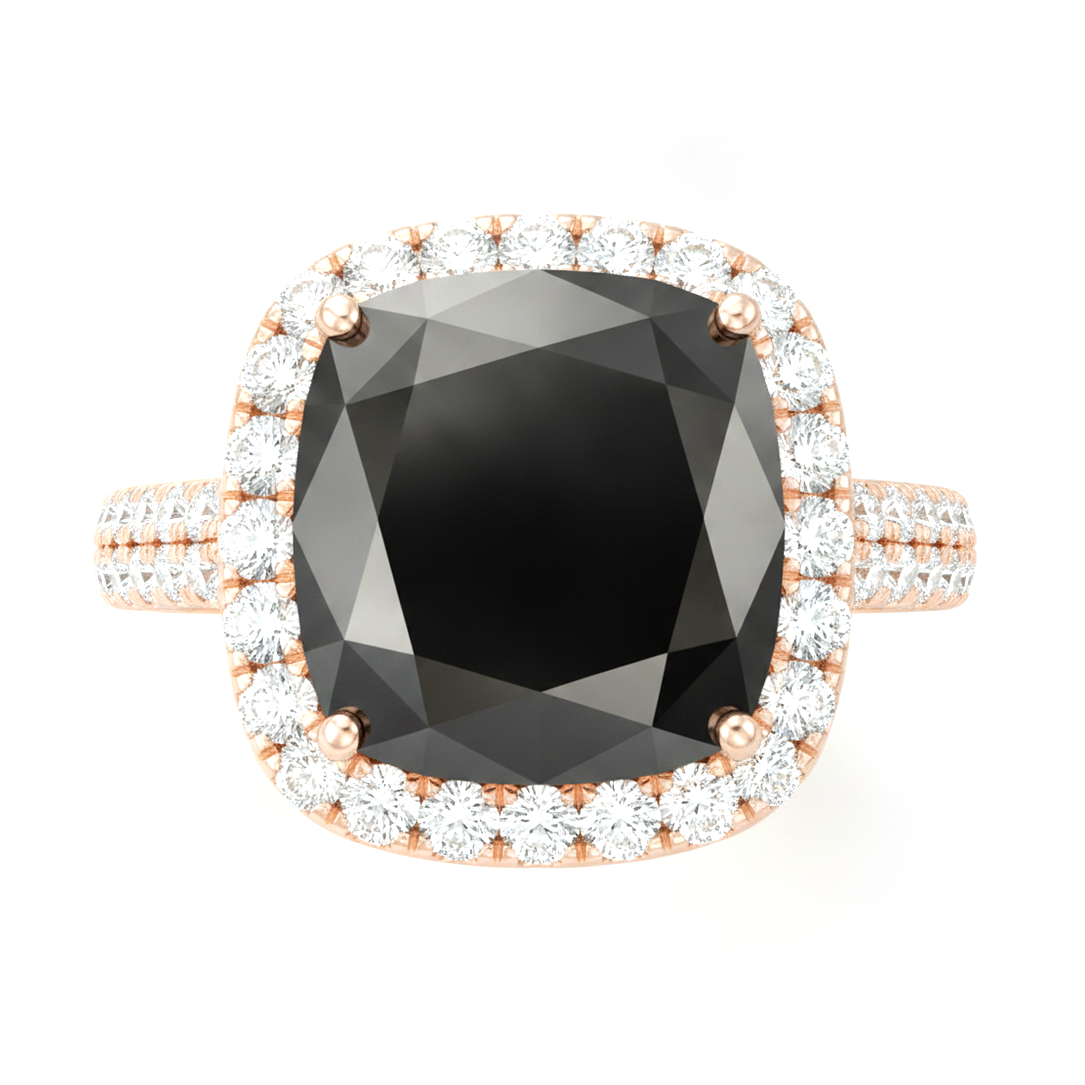 Cushion Black Diamond and White Diamond Halo Ring Natural 14K Rose Gold