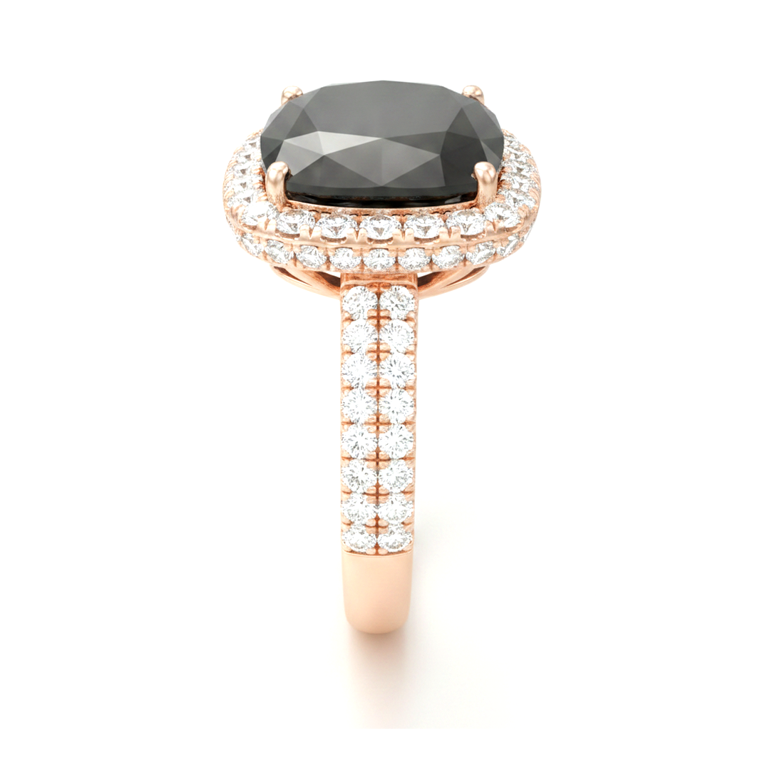 Cushion Black Diamond and White Diamond Halo Ring Natural 14K Rose Gold