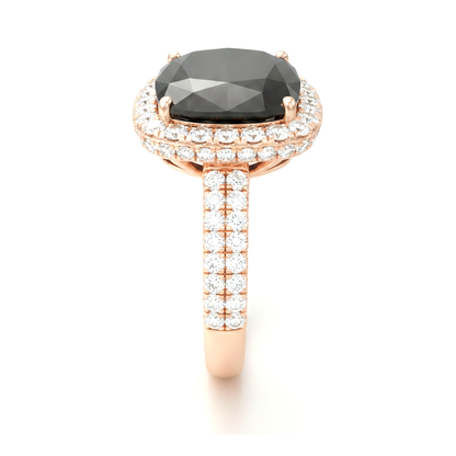 Cushion Black Diamond and White Diamond Halo Ring Natural 14K Rose Gold