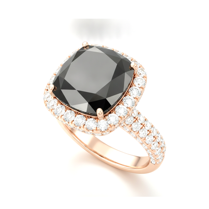 Cushion Black Diamond and White Diamond Halo Ring Natural 14K Rose Gold