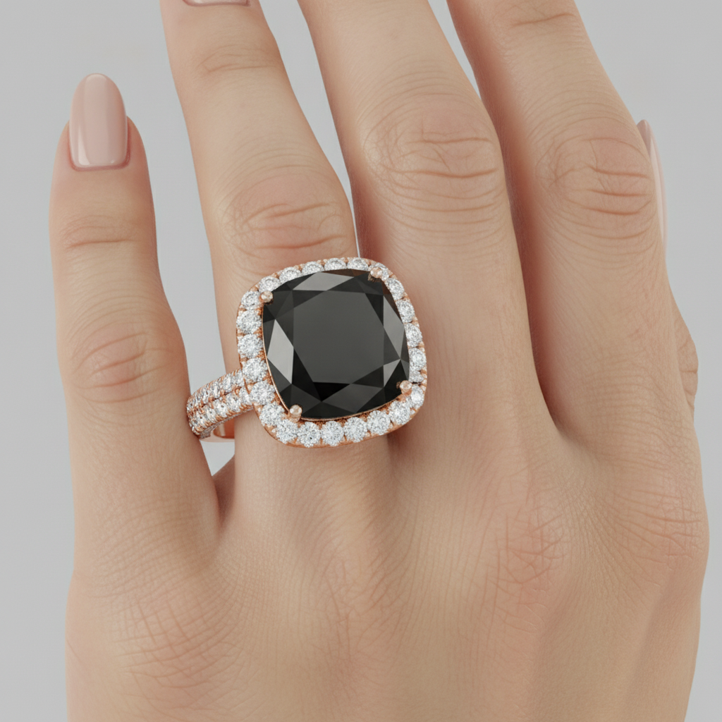 Cushion Black Diamond and White Diamond Halo Ring Natural 14K Rose Gold