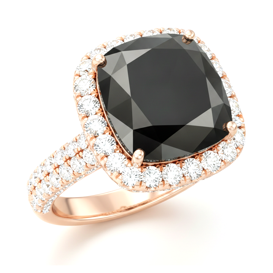 Cushion Black Diamond and White Diamond Halo Ring Natural 14K Rose Gold