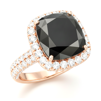 Cushion Black Diamond and White Diamond Halo Ring Natural 14K Rose Gold