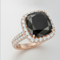 Cushion Black Diamond and White Diamond Halo Ring Natural 14K Rose Gold
