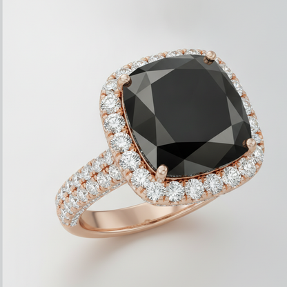 Cushion Black Diamond and White Diamond Halo Ring Natural 14K Rose Gold