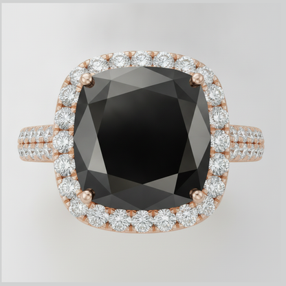 Cushion Black Diamond and White Diamond Halo Ring Natural 14K Rose Gold