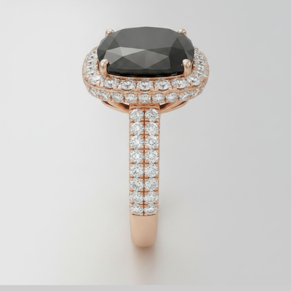 Cushion Black Diamond and White Diamond Halo Ring Natural 14K Rose Gold