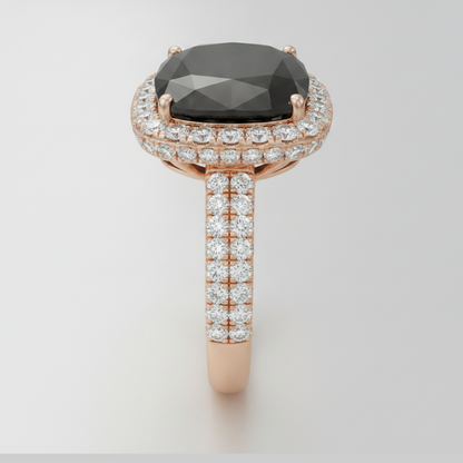 Cushion Black Diamond and White Diamond Halo Ring Natural 14K Rose Gold