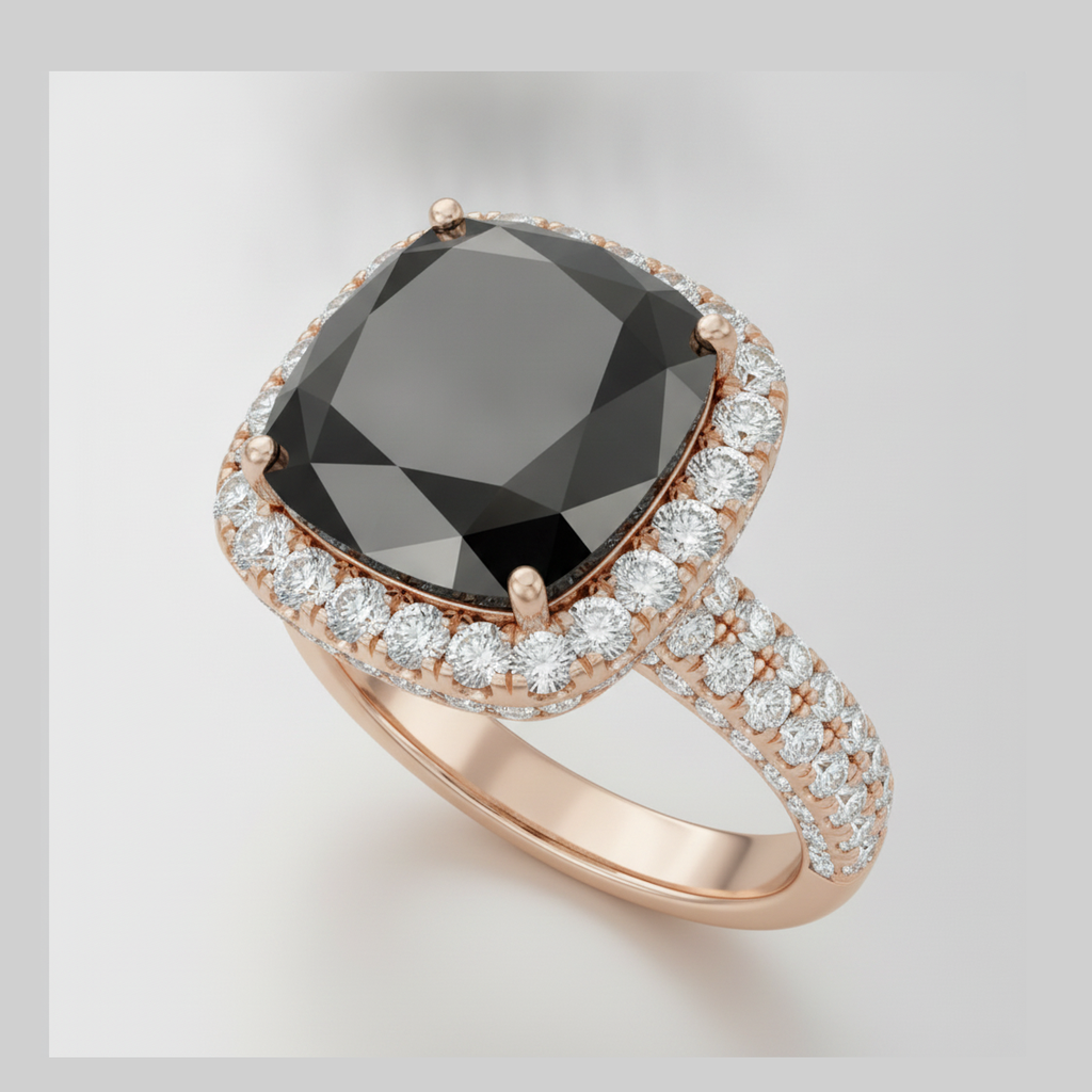 Cushion Black Diamond and White Diamond Halo Ring Natural 14K Rose Gold