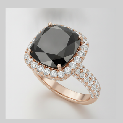 Cushion Black Diamond and White Diamond Halo Ring Natural 14K Rose Gold