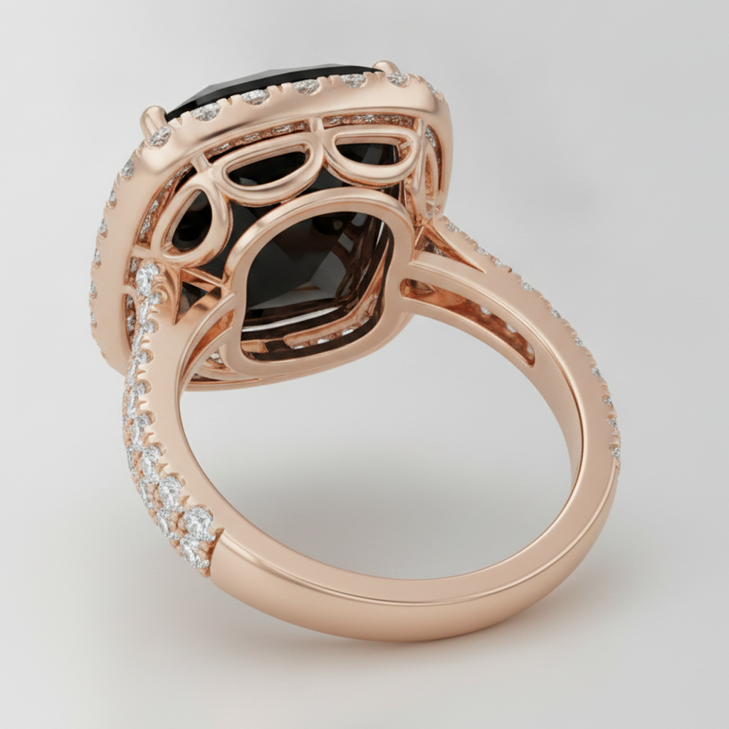 Cushion Black Diamond and White Diamond Halo Ring Natural 14K Rose Gold