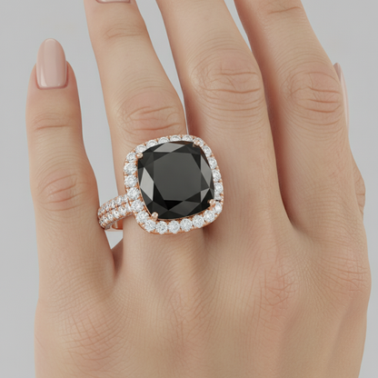 Cushion Black Diamond and White Diamond Halo Ring Natural 14K Rose Gold
