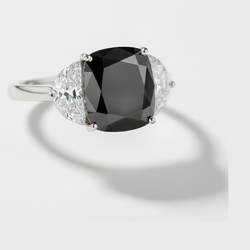 Cushion Black Diamond and White Half Moon Three Stone Ring Natural 14K White Gold