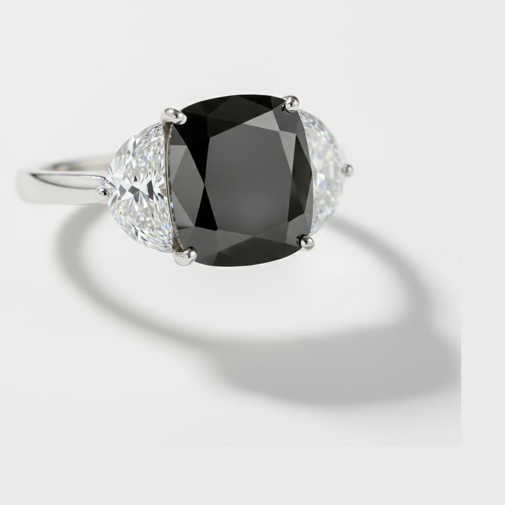 Cushion Black Diamond and White Half Moon Three Stone Ring Natural 14K White Gold