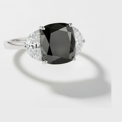 Cushion Black Diamond and White Half Moon Three Stone Ring Natural 14K White Gold