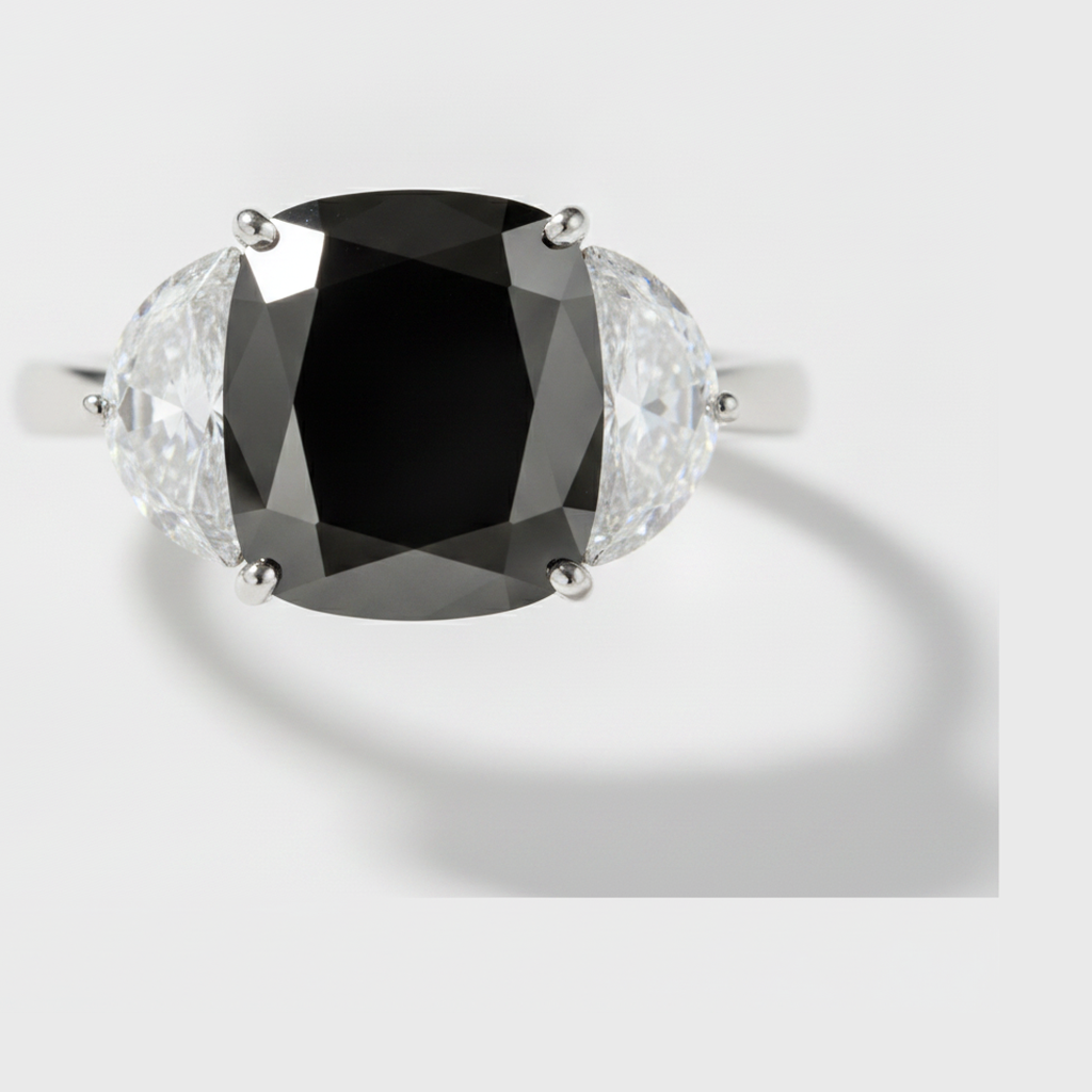 Cushion Black Diamond and White Half Moon Three Stone Ring Natural 14K White Gold