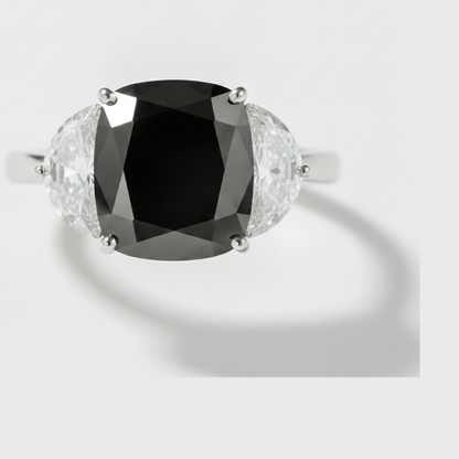 Cushion Black Diamond and White Half Moon Three Stone Ring Natural 14K White Gold